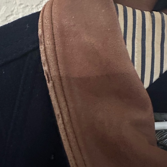 90s Lord & Taylor Mens MD Navy Wool Coat Bomber Jacket Leather Collar - Picture 2 of 10